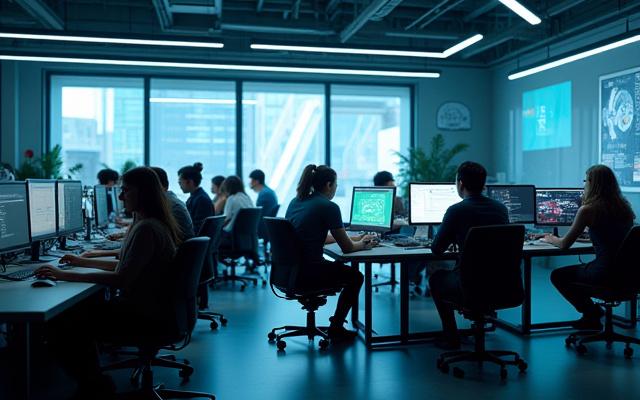 Team von Solora Works arbeitet in einem modernen, lichtdurchfluteten Studio an Computern.